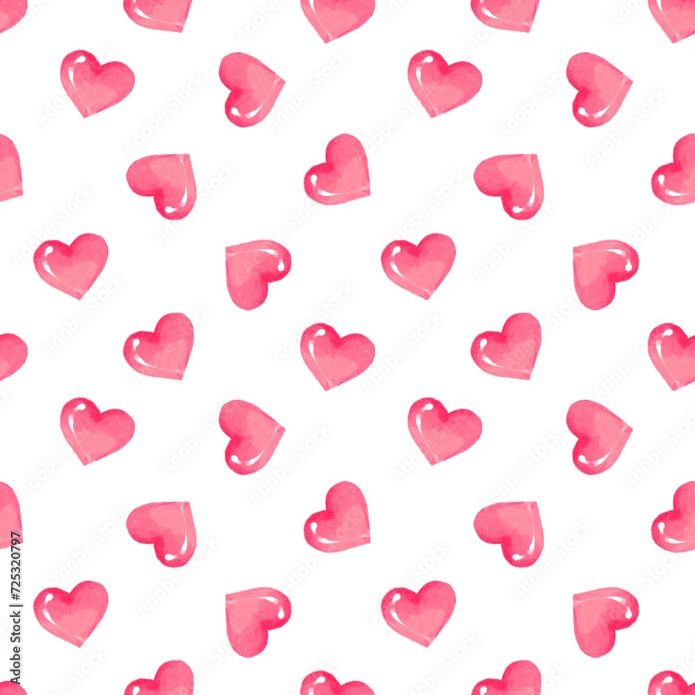 Pink hearts seamless background. Watercolor heart pattern.