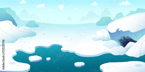 Cartoon arctic horizontal landscape. Northern stylized vector background panorama. Polar day empty background.