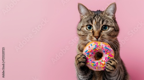 cute  tabby cat holding a donut on background pink with copy space