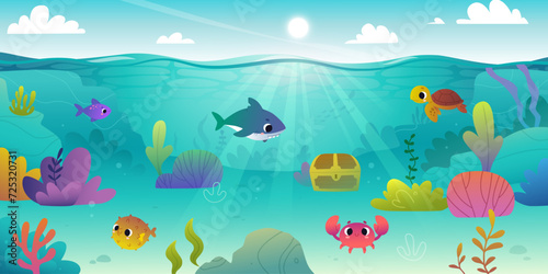 Cartoon seabed with cute sea animals. Colorful vector underwater seascape with algae and baby animals. photo