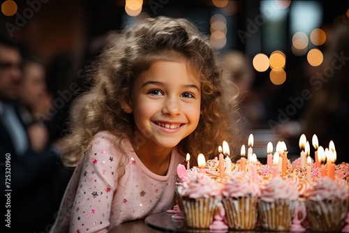 Beautiful little girl celebrating her birthday with birthday cake with candles while smiling at the camera  child birthday celebration