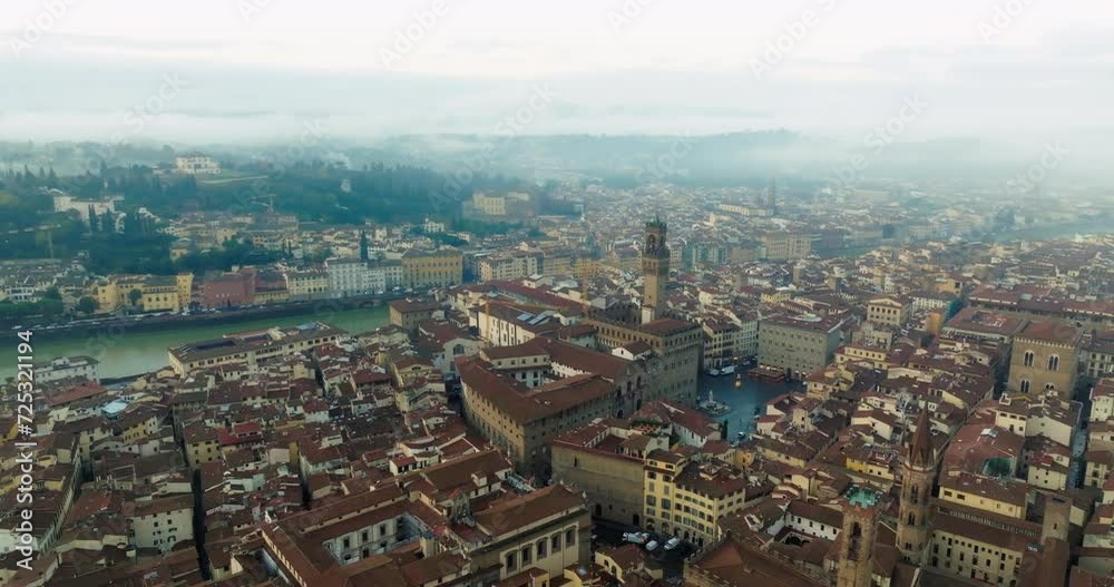 Aerial view of the cityscape of Florence, Italy. Sunset over the architecture of the city with basilicas and cathedrals towers in the historical and touristic city of Europe. High quality 4k footage Aerial view of the cityscape of Florence, Italy. Sunset over the architecture of the city with basilicas and cathedrals towers in the historical and touristic city of Europe. High quality 4k footage