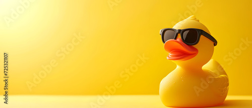 Υellow rubber duck toys wearing sunglasses isolated on yellow background. copy space, mock up. top view. photo