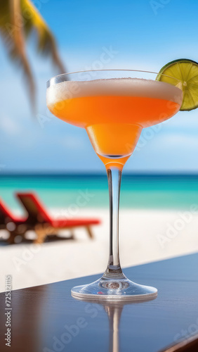 Glass of cocktail on beach bar counter, blue sky, white oceanic sand, light blurred background, selective focus, copy space