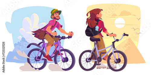 Cycling tourists traveling by bike. Vector cartoon illustration of young man, woman enjoying field ride, admiring sunset in sandy desert with ancient pyramid, birds in sky, active lifestyle, vacation