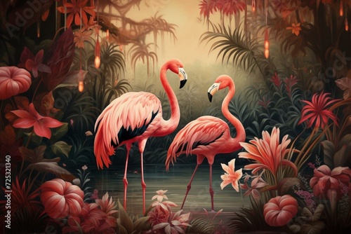 Retro exotic forest featuring flamingos  birds  and vibrant foliage. Generative AI