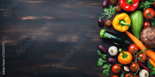 Concept of cooking and vegetarian summer vegetables on rustic background, with space for text.