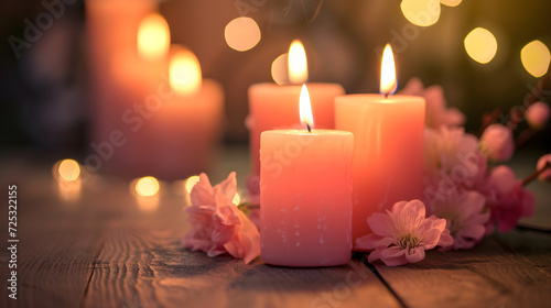Beautiful burning tall candles with flowers on a dark background with bokeh near the window