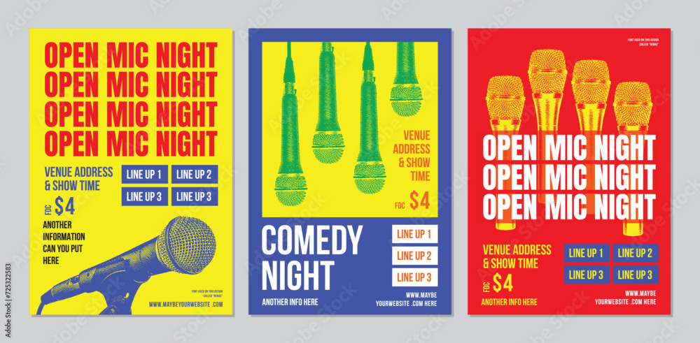 set of Open Mic Night posters, modern and elegant design, indie, live performance comedy show, stand up comedy poster, colorful palette - obrazy, fototapety, plakaty 