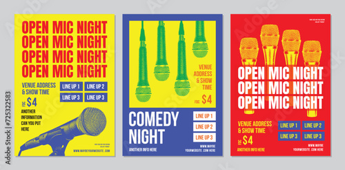 set of Open Mic Night posters, modern and elegant design, indie, live performance comedy show, stand up comedy poster, colorful palette photo