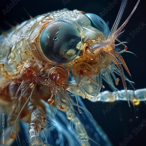 Close-up view of Daphnia magna, a transparent aquatic organism with detailed anatomy visible against dark background photo