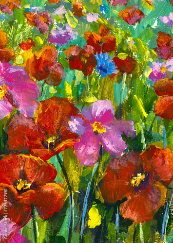 Flowers field oil painting. Acrylic painting red poppies, pink wildflowers in green grass art © Original Painting