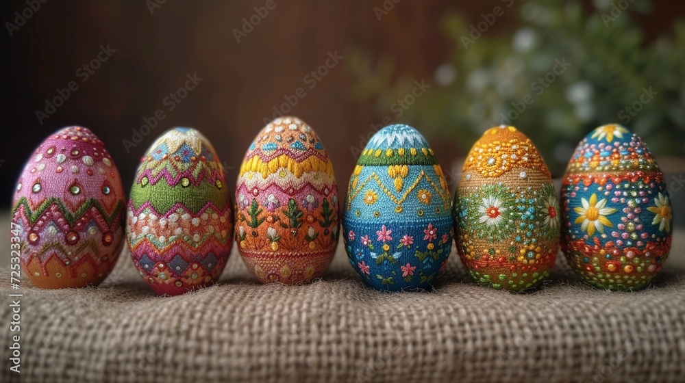 Easter eggs, bright colored embroidery style, background image, generative AI Easter eggs, bright colored embroidery style, background image, generative AI