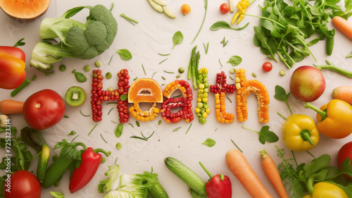 Health title text lined up into word from vegetables on the table with cucumber, tomato, red, green and chili pepper, parsley and garlic