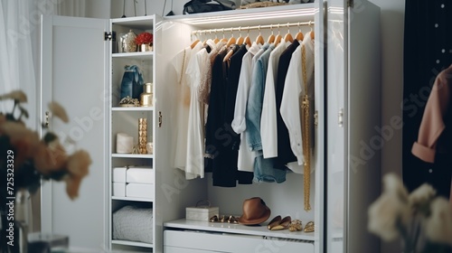 Stylish clothes and accessories on a modern white wardrobe. Luxury variety of clothing and apparel on rack in house room. Generative AI