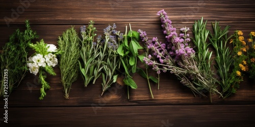 Floral herbs on wooden surface.
