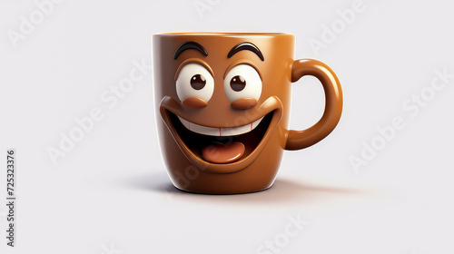Mug with Coffee with a cheerful face 3D on a white background.