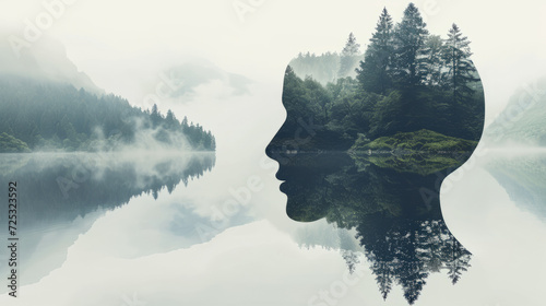 Outline of a human head containing a serene landscape background, symbolizing the concept of inner peace and mental tranquility with copy space #725323592