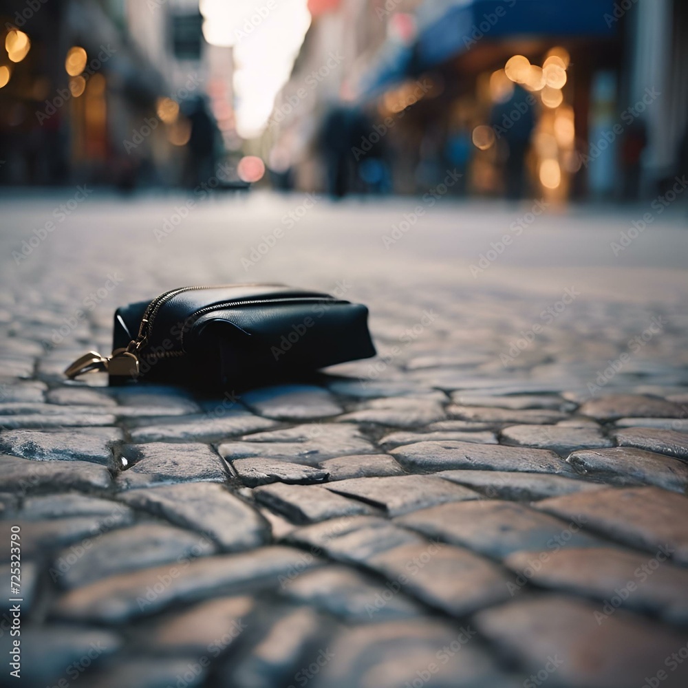 Obraz premium AI generated illustration of a wallet lying on a cobblestone street