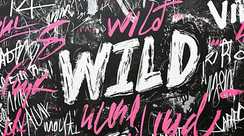 Wild concept image with illustration of WILD word text and various typography, black and white and pink like stickers and tag paint