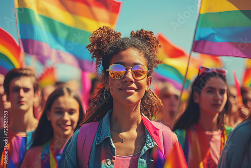 Portrait of young people rallying for LGBTQ+ rights at a Pride month parade with diversity and rainbow flags