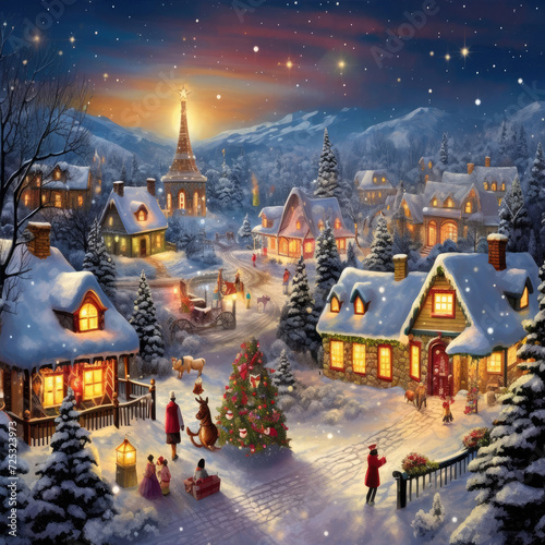 Peaceful winter village at night with snow, christmas lights, and cozy houses