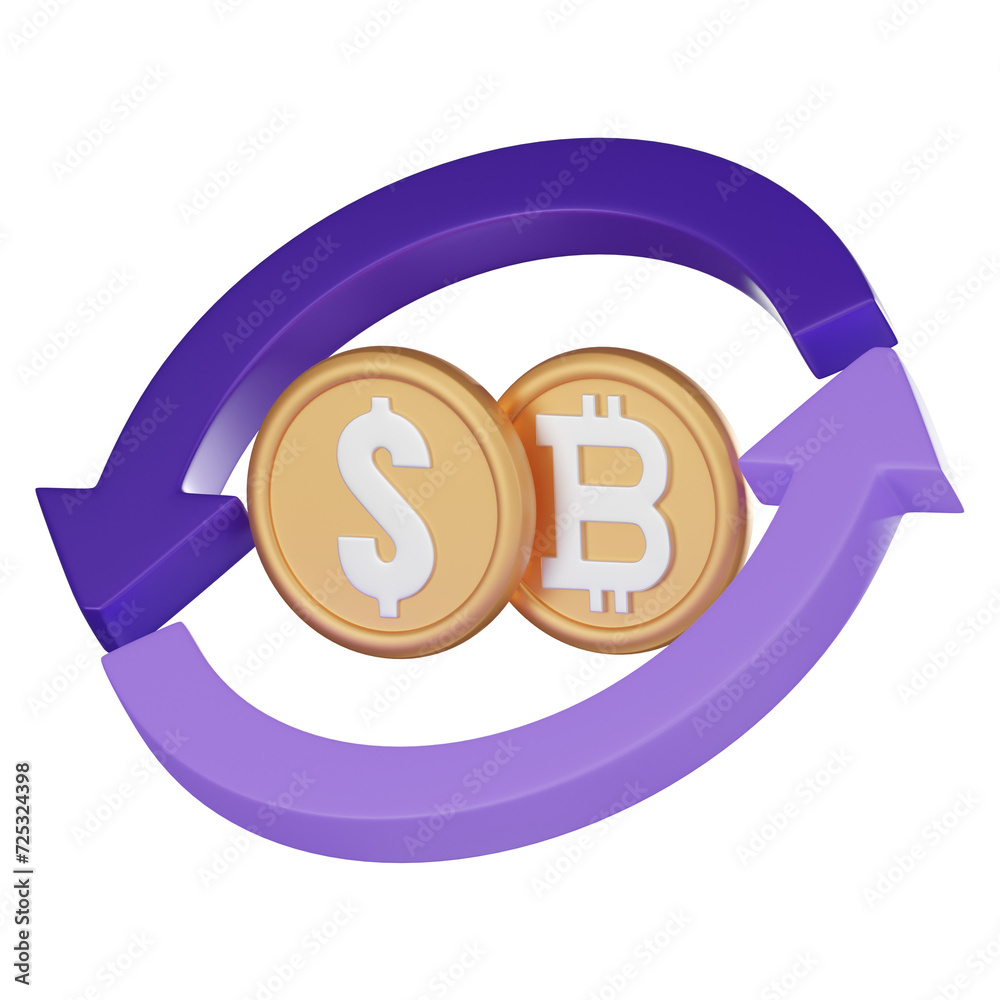 Bitcoin exchange cryptocurrency 3D icons, online trading concept 3D render. Bitcoin exchange cryptocurrency 3D icons, online trading concept 3D render.