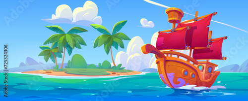 Old sailboat floating on calm blue water of sea or ocean near tropical island with palm trees. Cartoon marine sunny landscape with vessel in harbor. Ship with wooden deck and stamp, red canvas sails.
