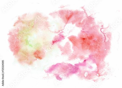Abstract watercolor stain of different shades of pink. Isolated on white background. Pink, red, coral, peach colors. Green splash. The stain is unevenly saturated in tone. Soft, gentle background.