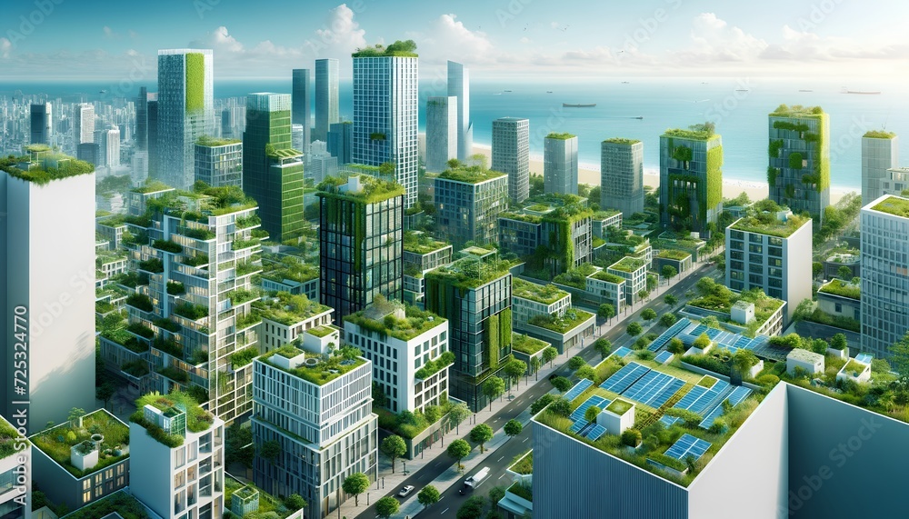 Green rooftops in a bustling urban cityscape, showcasing sustainable ...