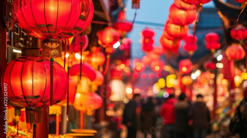 A lively street market scene with red lanterns and decorations, with the text in a festive, celebratory style