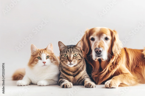 Cute 2 cats and Golden Retriever dog curious, and looking out, on blank background