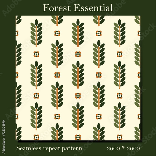 Calming seamless repeat pattern background.Leaves,trees,flowers nature in dark green ,earthy woody brown tones for meditative state.Perfect for wallpaper,cards,covers,fabric,paper