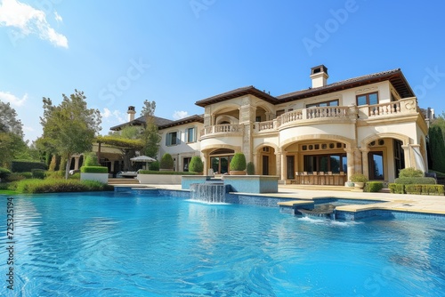 Beautiful Home Exterior and Large Swimming Pool on Sunny Day with Blue Sky   Features Series of Water Jets Forming Arches © Mamstock