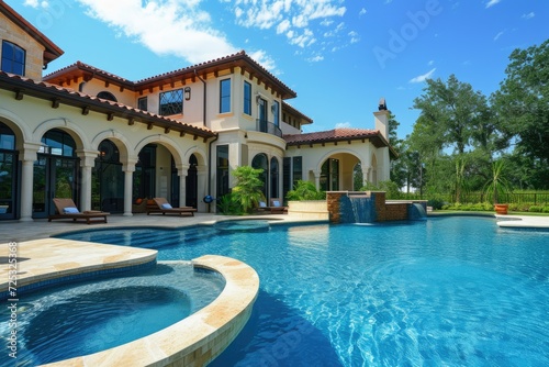 Beautiful Home Exterior and Large Swimming Pool on Sunny Day with Blue Sky | Features Series of Water Jets Forming Arches