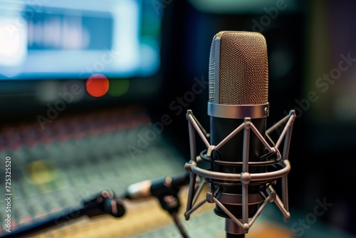 Microphone in Recording Studio With Monitor in Background
