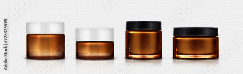 Cream brown glass jar with white and black plastic cap mockup. Realistic vector illustration set of amber color container for cosmetic. Makeup lotion or face cream round package with glossy lid.