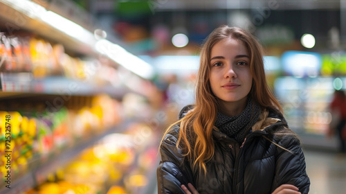 woman in front of blurred supermarket