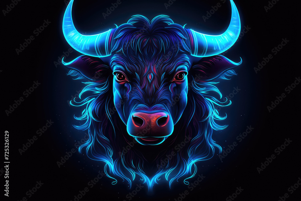Taurus zodiac sign glowing in vibrant blue neon on a dark background