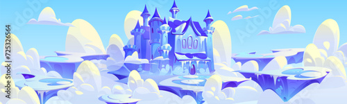 Frozen fairytale castle on floating island. Vector cartoon illustration of medieval fortress with towers covered with ice, snow, icicles, winter land flying in cold cloudy sky, adventure game ui