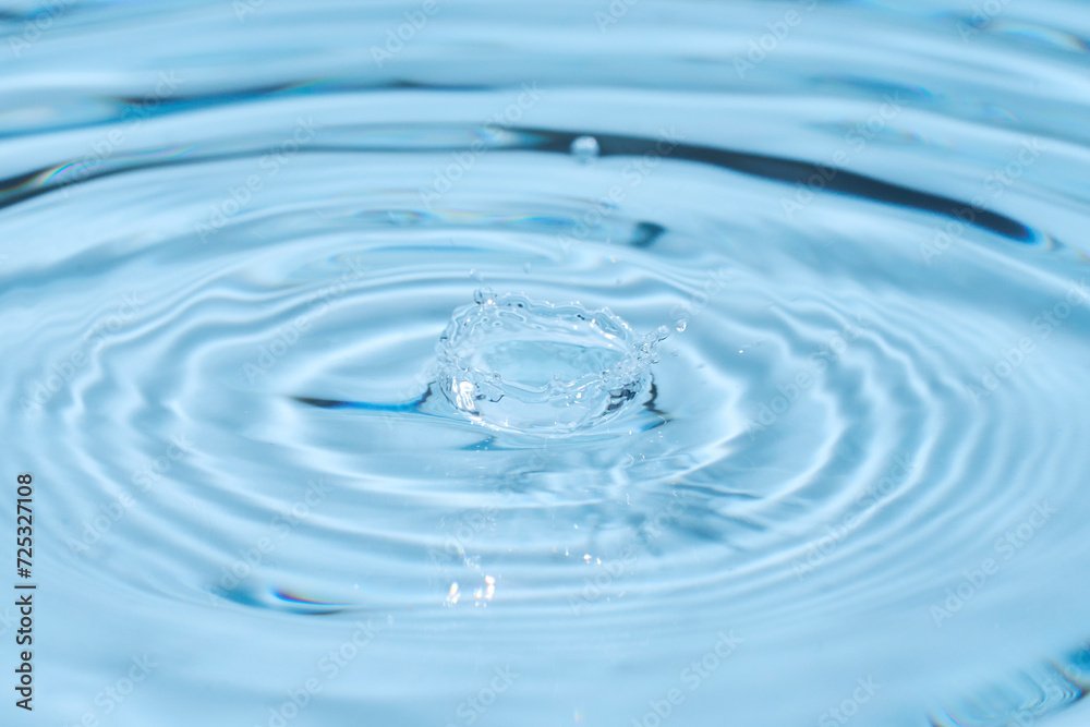 top view sky blue water rings, Close up water droplets, water surface top view sky blue water rings, Close up water droplets, water surface