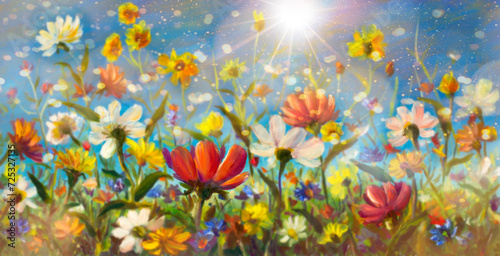 Fototapeta Naklejka Na Ścianę i Meble -  Beautiful spring flowers and sunlight background - Original oil painting. Modern Impressionism artwork. Selective focus. Wildflowers landscape art illustration