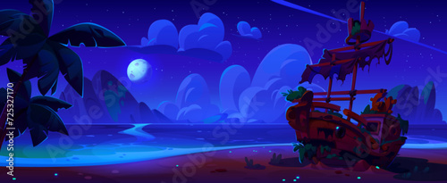 Wrecked ship on night tropical island. Vector cartoon illustration of old abandoned sailboat with damaged board, torn sails, cracked steering wheel, shipwreck scene under dark sky with moon and stars