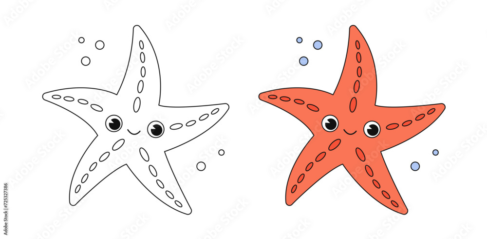 Cartoon starfish coloring book page with colorful template. Cute starfish colorig book ...
