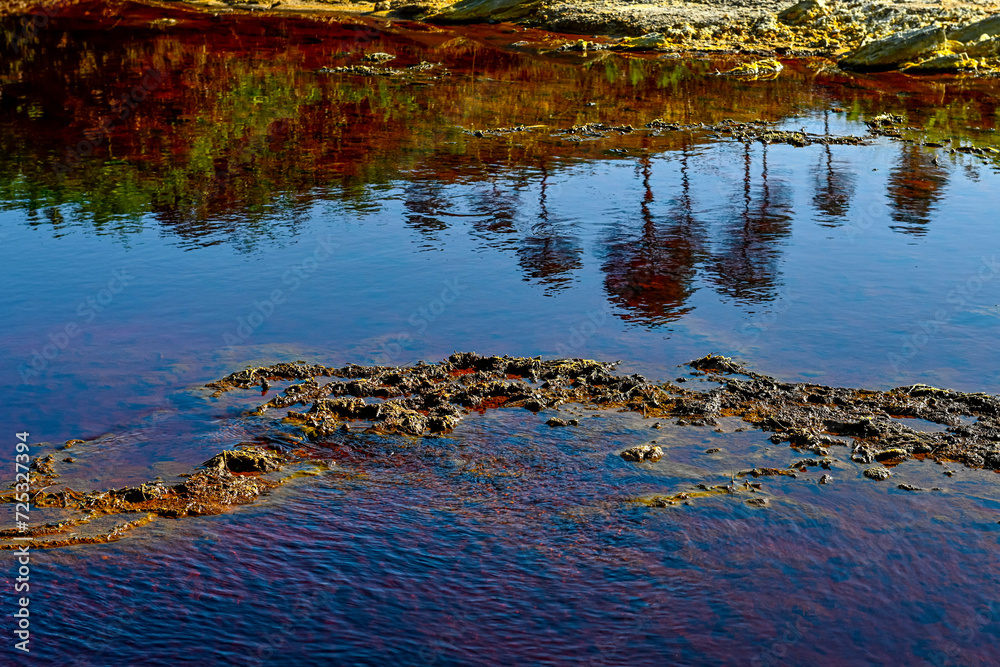 Reflective Waters of Rio Tinto, Huelva with Mineral Deposits