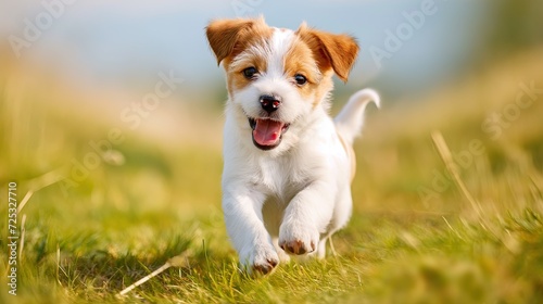 Happy puppy running on grass