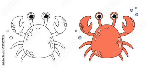 Cartoon crab coloring book page with colorful template. Cute crab colorig book. Underwater ocean life, marine animal. Funny crab isolated contour. Kids animals coloring book page. Vector stock grafics