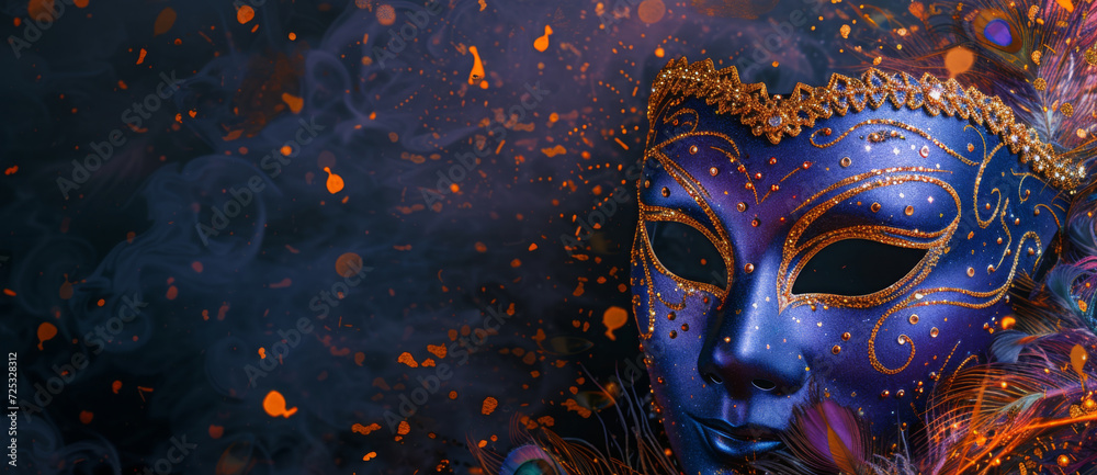 Blue and gold masquerade mask surrounded by a swirl of dark and smoky background and sparkling orange embers