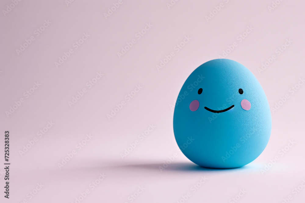 A blue egg with a smiling face on a soft pink background. Copy space