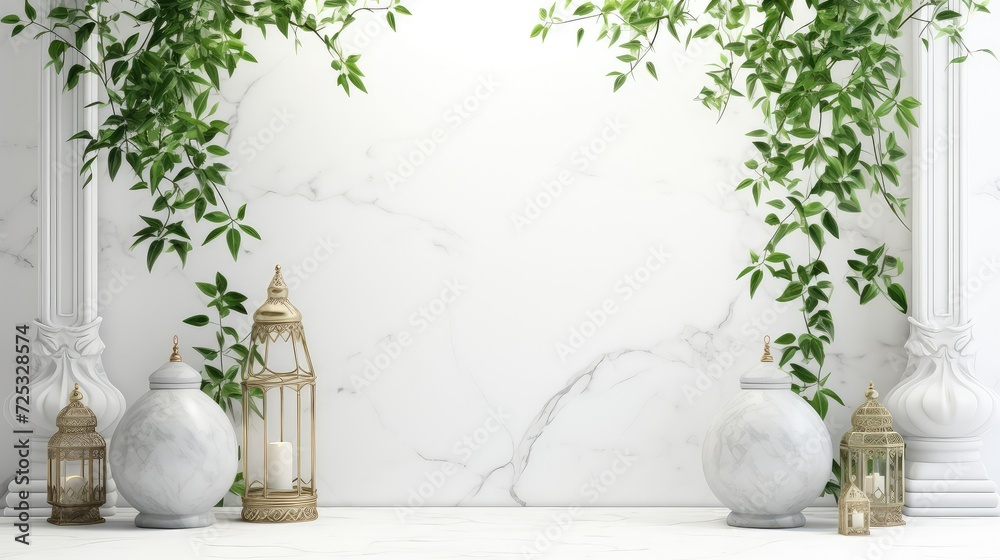 Lanterns with burning candles and green leaves on white marble background Lanterns with burning candles and green leaves on white marble background